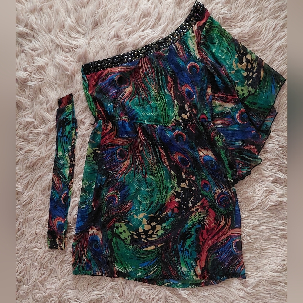 💕2☆ for $20 Bisou Bisou Michele Bohbot One-Shoulder Rhinestone Peacock Dress - Picture 2 of 9